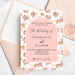 Invitation Carte Postale Pampas herbes fleurs rose or boho mariage
