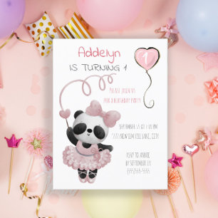 Invitation Carte Postale Panda Bear Ballerina Fille 1er anniversaire