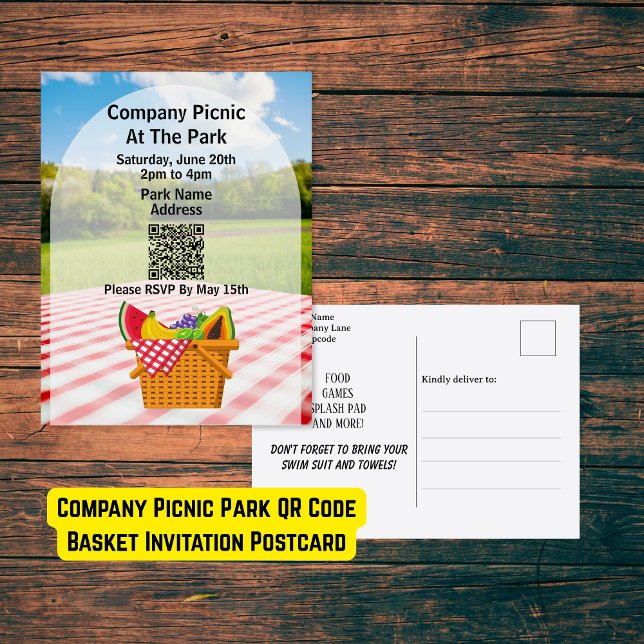 Invitation Carte Postale Panier de codes QR du parc de pique-nique de l'ent (Company Picnic Park QR Code Basket Invitation Postcard)