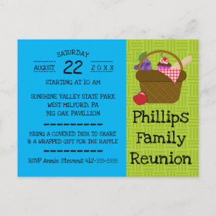 Invitation Carte Postale Panier de pique-nique bleu et vert Réunion familia