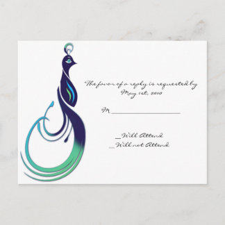 Invitation Carte Postale Paon Précieux en Violet, Bleu-vert et Vert