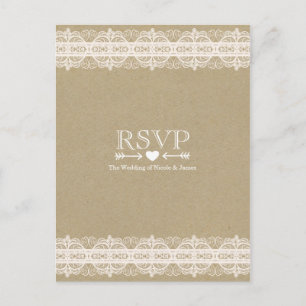 Invitation Carte Postale Papier Brun & Dentelle Naturelle Réponse Mariage R
