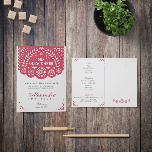 Invitation Carte Postale Papier rouge Picado Mis Quince Años (Créateur téléchargé)