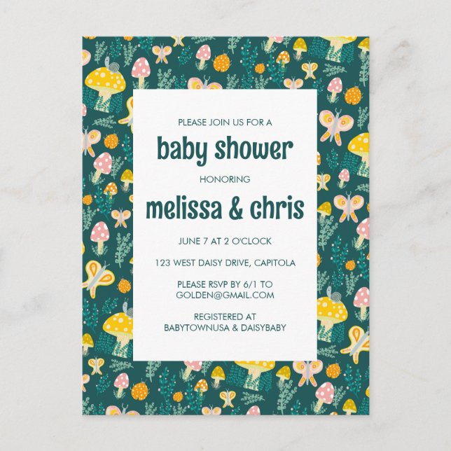 Invitation Carte Postale Papillon de champignons d'escargot mou BABY SHOWER (Devant)