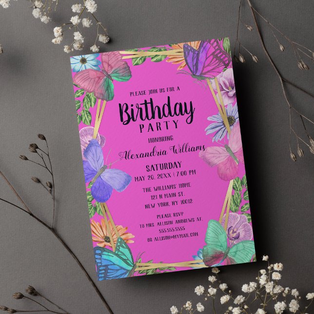 Invitation Carte Postale Papillon floral rose vif Anniversaire (Bright Pink Purple Floral Butterfly Birthday )