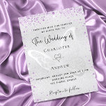 Invitation Carte Postale Papillon violet argenté élégant mariage<br><div class="desc">Une invitation de mariage moderne et élégante. Arrière - plan métallique argenté Faux décoré de poussière de parties scintillant violet et un butterlfy comme filigrane. Personnalisez et ajoutez vos noms et les détails du mariage. Lettres de couleur noire.</div>