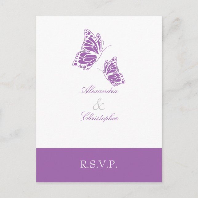 Invitation Carte Postale Papillon Violet simple RSVP 2 (Devant)