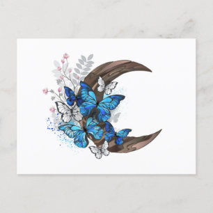 Invitation Carte Postale Papillons bleus sur croissant en bois