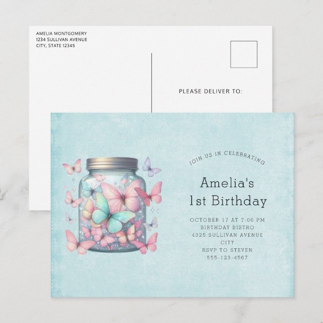 Invitation Carte Postale Papillons Fantaisistes dans un Pot d'Anniversaire (Devant / Derrière)