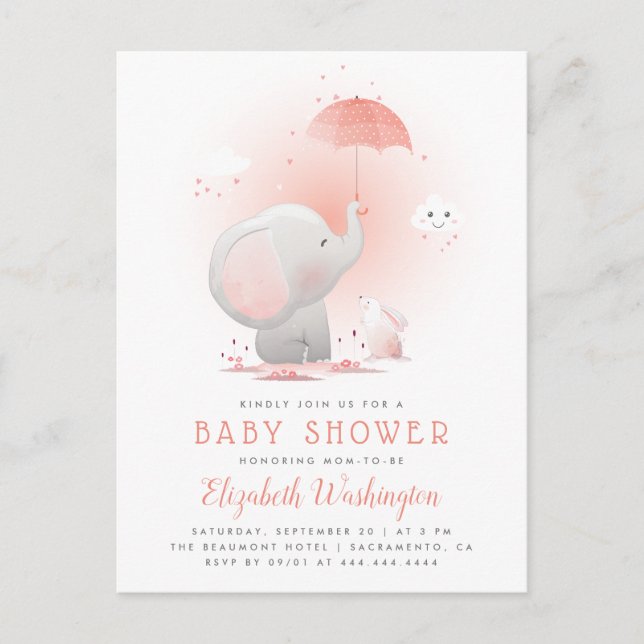 Invitation Carte Postale Parapluie Pêcher Elephant & Bunny Girl Baby shower (Devant)