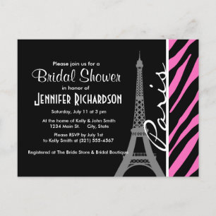 Invitation Carte Postale Paris ; Impression Zèbre rose et noir