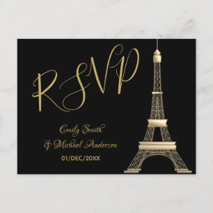 Invitation Carte Postale PARIS RSVP Black Gold - Elegant Chic Trending