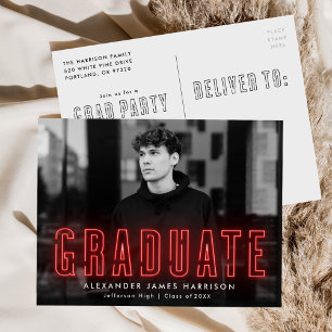 Invitation Carte Postale Parti de graduation photo moderne Red Neon