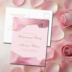 Invitation Carte Postale Parti de retraite chic Pink Gold Agate