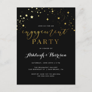 Invitation Carte Postale Parti d'engagement Confetti Black & Gold
