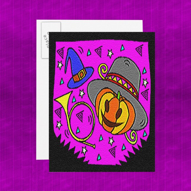 Invitation Carte Postale Parti d'Halloween Jack OLantern Bugle violet (Halloween Party, Jack o' Lantern and Bugle Pattern Postcard)