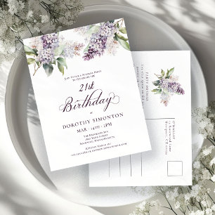 Invitation Carte Postale PARTI SURPRISE 21e anniversaire Purple Lilac Flora