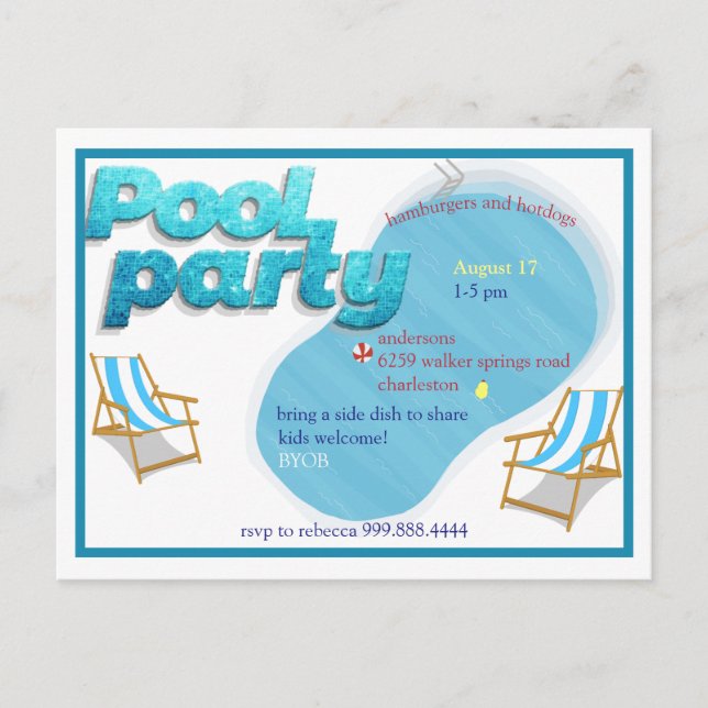 Invitation Carte Postale Partie du pool (Devant)