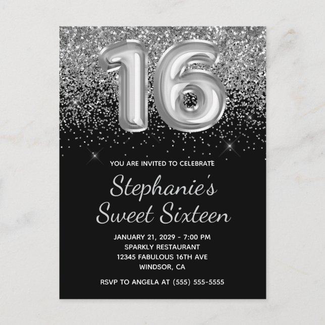 Invitation Carte Postale Parties scintillant argentée brillant Sweet sixtee (Devant)