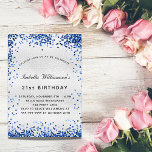 Invitation Carte Postale Parties scintillant bleu marine argent anniversair<br><div class="desc">Pour un 21ème anniversaire élégant (ou tout âge). Un arrière - plan faux argenté. Décoré de parties scintillant en faux bleu marine,  brille. Personnalisez et ajoutez un nom,  un âge et des détails de la fête. Le nom est écrit avec un script de style manuscrit</div>