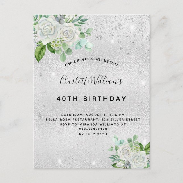Invitation Carte Postale Parties scintillant d'argent d'anniversaire poussi (Devant)
