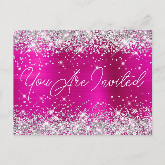 Invitation Carte Postale Parties scintillant d'argent et crème rose chaude  (Devant)