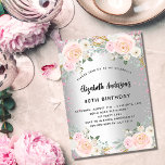 Invitation Carte Postale Parties scintillant des fleurs roses argentées<br><div class="desc">Une invitation à la fête d'anniversaire moderne,  élégante et glamour de 40ème (ou tout âge). Un arrière - plan à l'aspect faux argenté avec parties scintillant rose,  éclat et flûte rose. Le nom est écrit avec un script de style moderne écrit à la main. Personnalisez et ajoutez vos détails.</div>