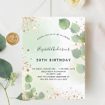 Invitation Carte Postale Parties scintillant d'eucalyptus d'anniversaire ve<br><div class="desc">Pour une soirée d'anniversaire élégante de 50ème (ou tout âge). Un arrière - plan doré à l'eau décoré de végétation d'eucalyptus et de poussière de parties scintillant en faux or. Personnalisez et un nom et des détails du parti. Lettres noires et dorées. Retour : conception de carte postale. Conseil :...</div>