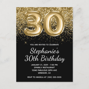 Invitation Carte Postale Parties scintillant d'or brillant Black Balloon 30