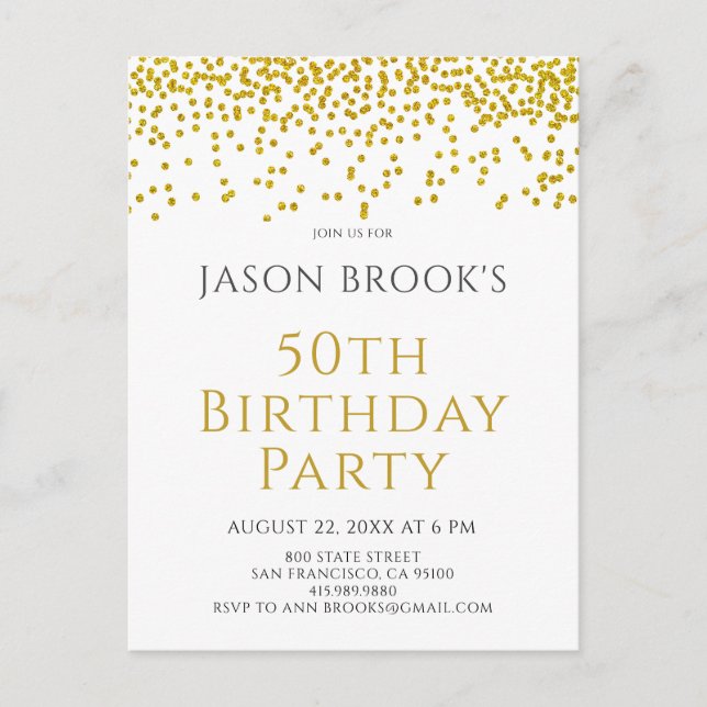 Invitation Carte Postale Parties scintillant d'or Confetti Blanc 50e annive (Devant)