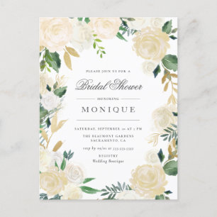 Invitation Carte Postale Parties scintillant d'or et Fête des mariées flora