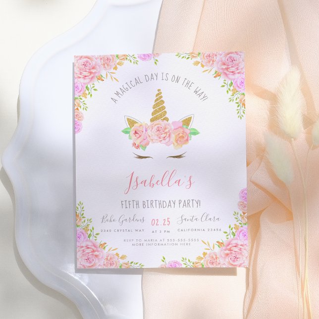 Invitation Carte Postale Parties scintillant d'or & Fleurs roses Unicorn An (Créateur téléchargé)