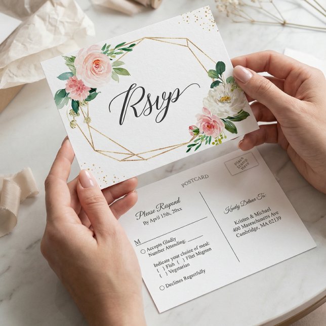 Invitation Carte Postale Parties scintillant d'or Géométrique Blush Floral  (Créateur téléchargé)