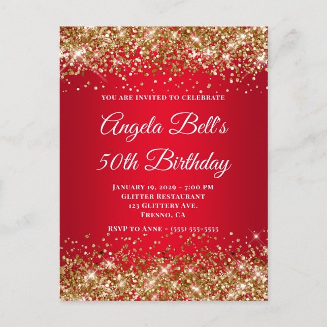 Invitation Carte Postale Parties scintillant d'or rouge brillant Ombre 50e  (Devant)