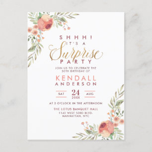 Invitation Carte Postale Parties scintillant d'or Script Floral Surprise fê