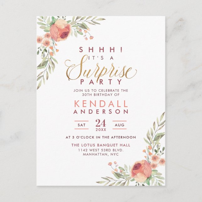 Invitation Carte Postale Parties scintillant d'or Script Floral Surprise fê (Devant)