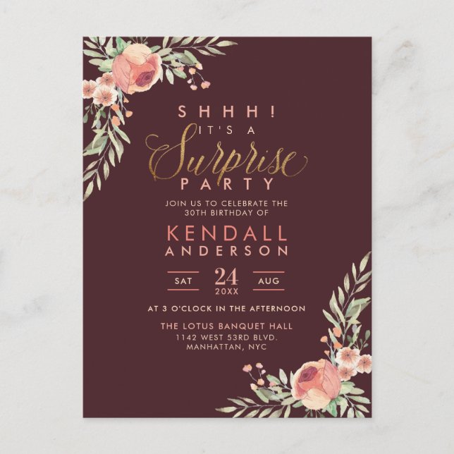 Invitation Carte Postale Parties scintillant d'or Script Roses surprise fêt (Devant)