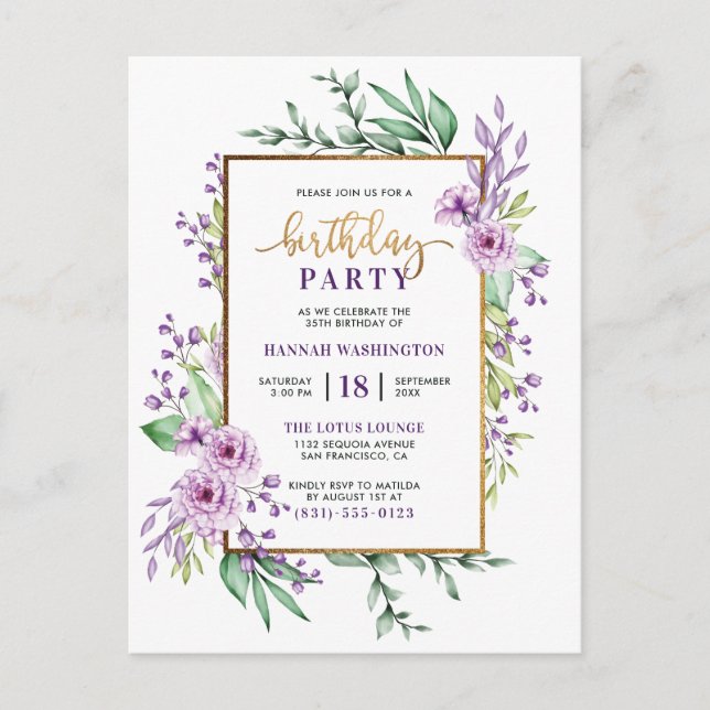 Invitation Carte Postale Parties scintillant d'or Script violet Floral fête (Devant)