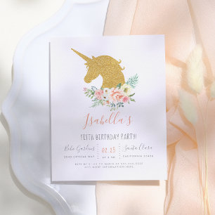 Invitation Carte Postale Parties scintillant d'or Unicorne & Fleurs roses A