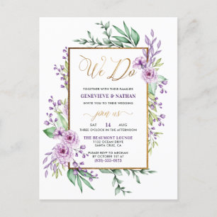 Invitation Carte Postale Parties scintillant d'or "We Do" Pastel Purple Flo