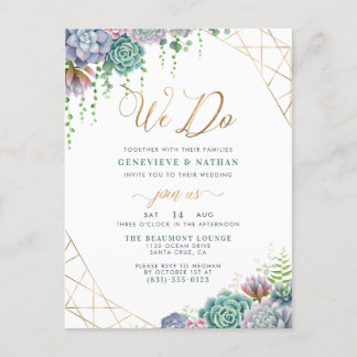 Invitation Carte Postale parties scintillant d'or "We Do" Script & Succulen