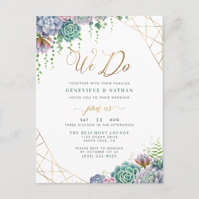 Invitation Carte Postale parties scintillant d'or "We Do" Script & Succulen (Devant)