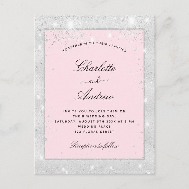 Invitation Carte Postale parties scintillant en argent mariage (Devant)