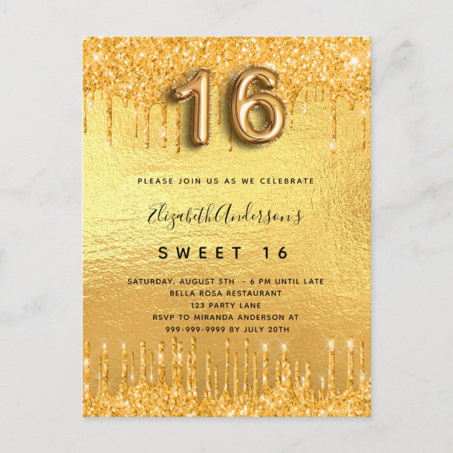 Invitation Carte Postale Parties scintillant en or 16 parties sucrée goutte (Devant)