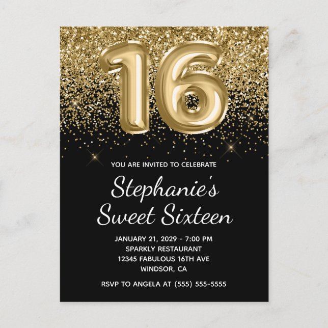 Invitation Carte Postale Parties scintillant en or brillant Sweet sixteen e (Devant)