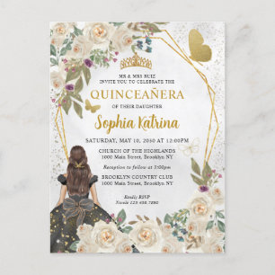 Invitation Carte Postale Parties scintillant en or noir Floral Princess Qui