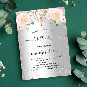 Invitation Carte Postale Parties scintillant fille Christening argent rose