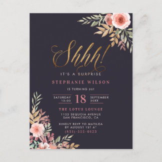 Invitation Carte Postale Parties scintillant or chic Script Floral Surprise