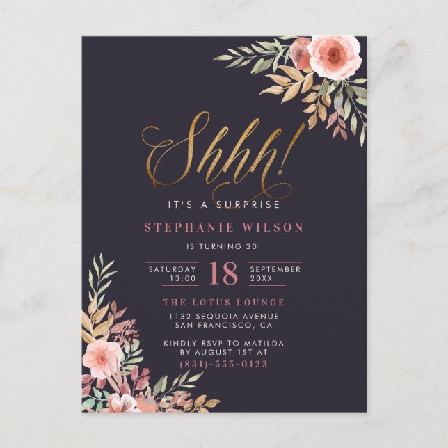 Invitation Carte Postale Parties scintillant or chic Script Floral Surprise (Devant)