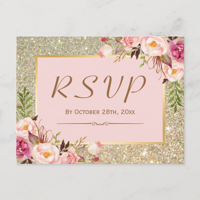Invitation Carte Postale Parties scintillant or classique rose florale répo (Devant)